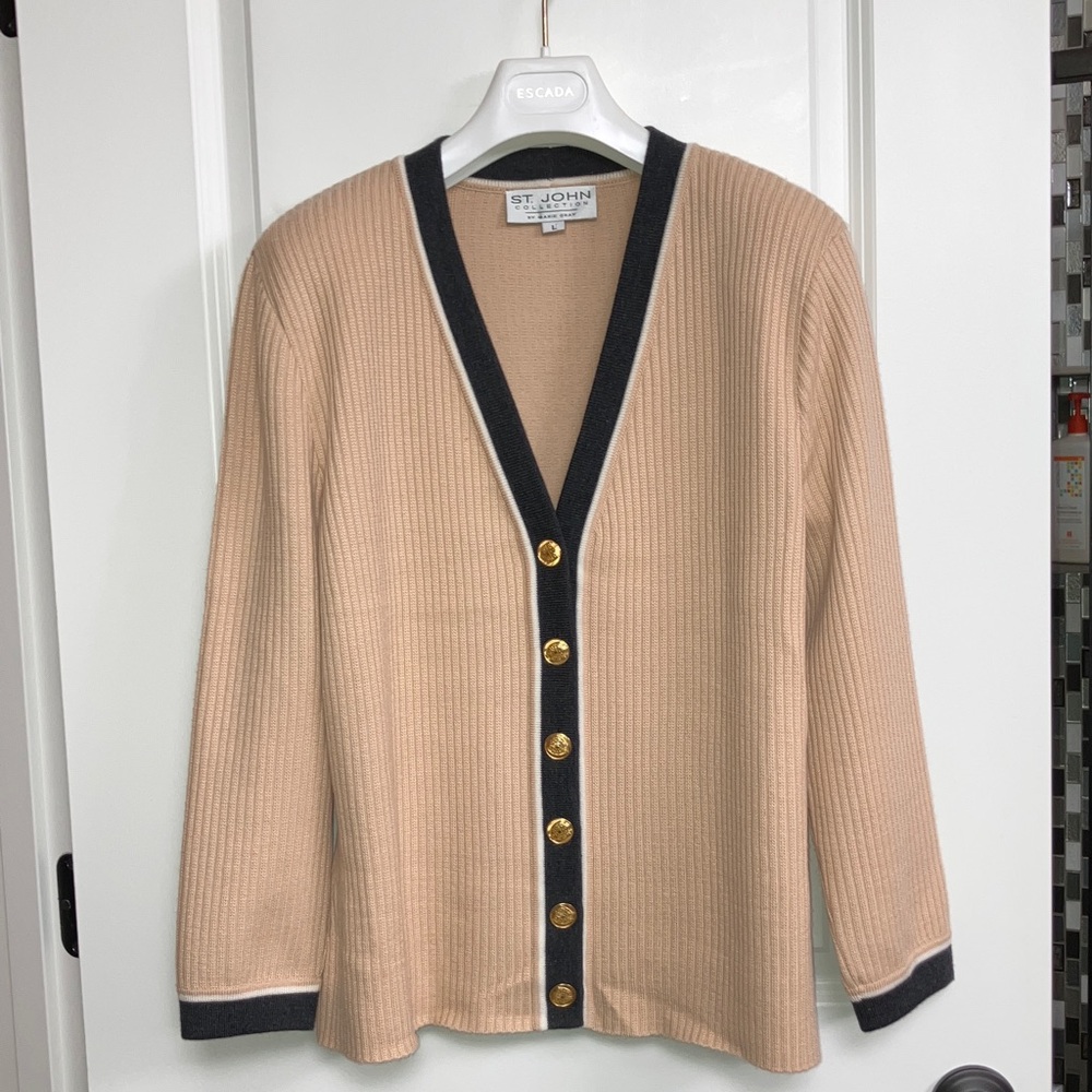St. John L collection knit sweater Tan Gray White